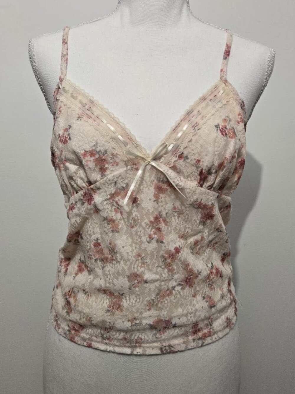 Y2K Womens Floral Coquette Babydoll Cami Sz L Lace Overlay Ivory Preppy Cottage